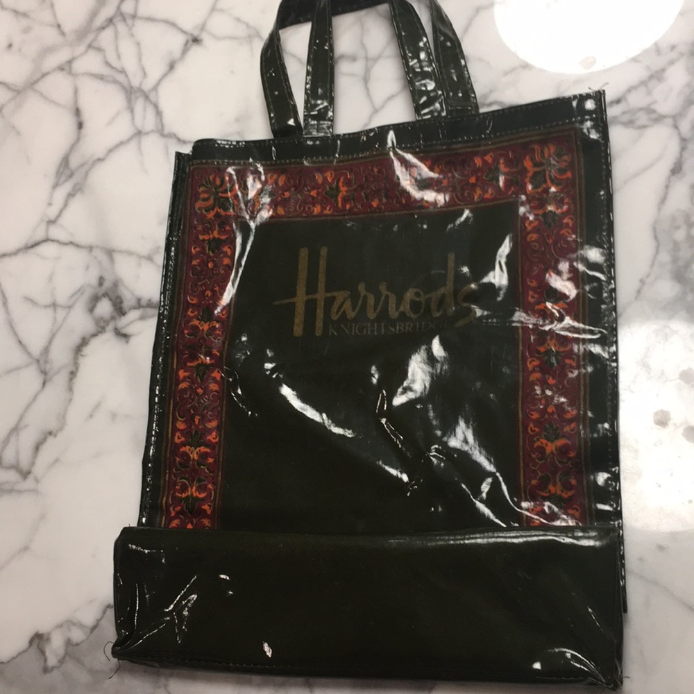 HARRODS Shopping Bag, medium size, vinyl, dark green with Foulard Paisley print.